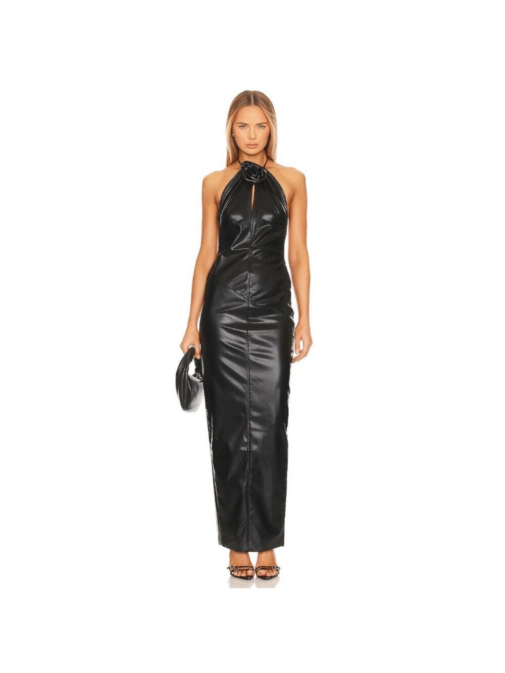 Ronny Kobo Collection Black One-Shoulder Faux Leather Maxi Dress